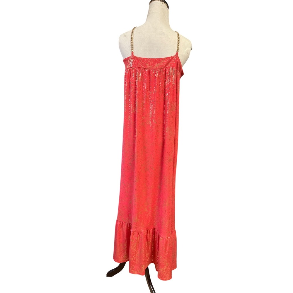 Michael Kors Coral Gold Foil Palm Leaf Chain Strap Maxi Dress Womens Pink Medium - Picture 8 of 9
